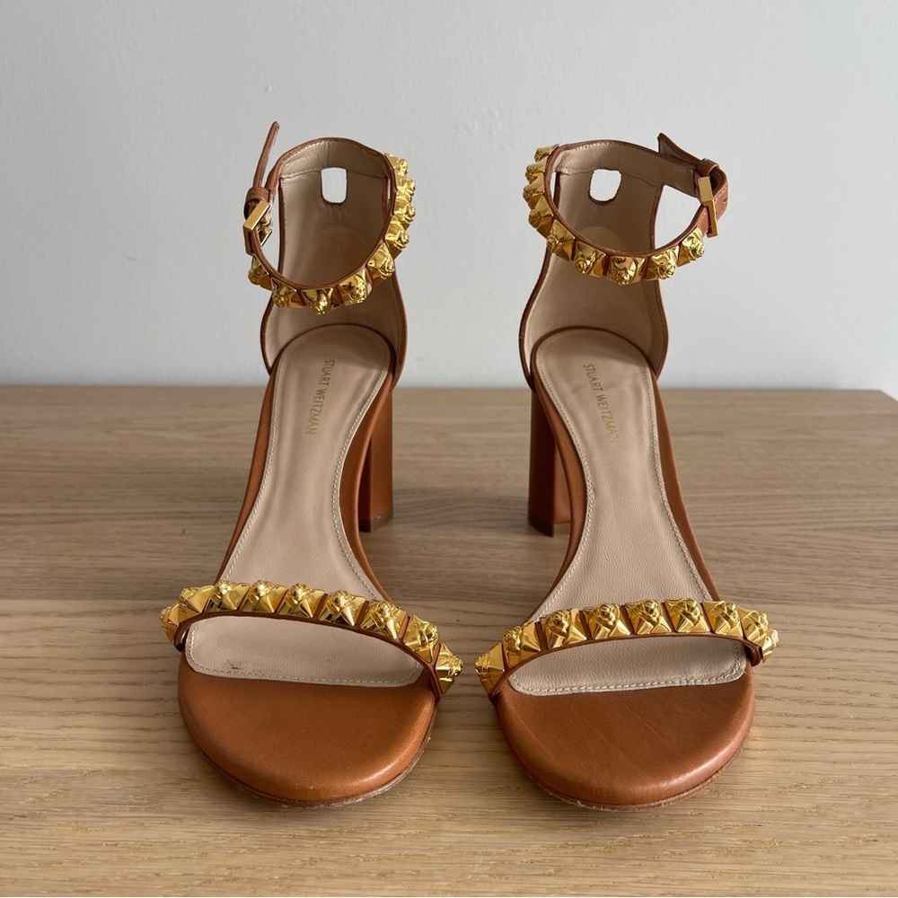 Stuart Weitzman rosemarie block heel cognac Brown Ankle Strap Sandals gold stud - Picture 3 of 12